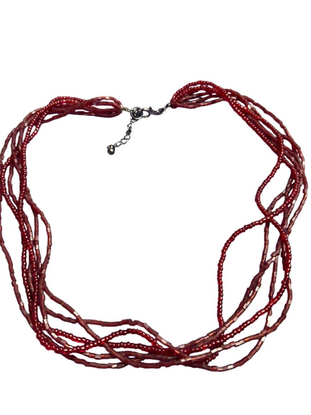 Red Glass Seed Bead Necklace Multi Strand 17 - 19 inches Long